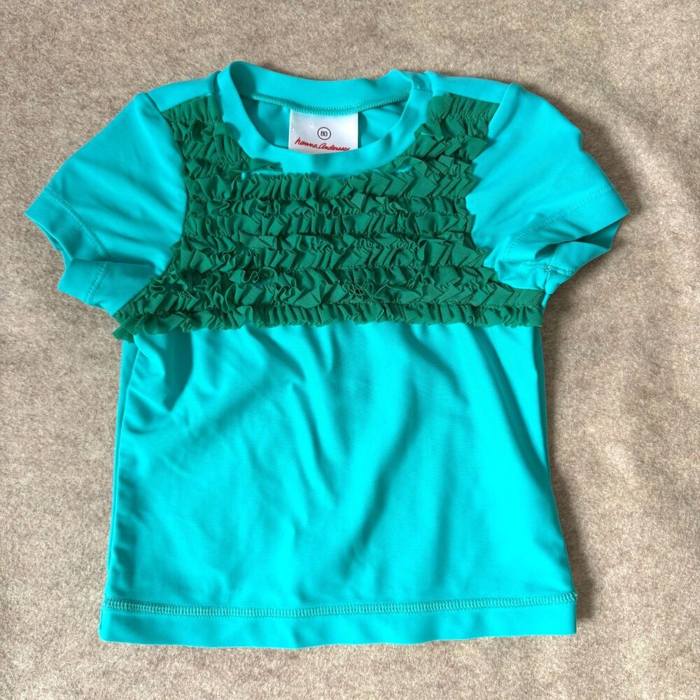 Hanna Andersson Rash Guard Girls 80/18-24m Teal Ruffle Front Swim Top Pool Beach